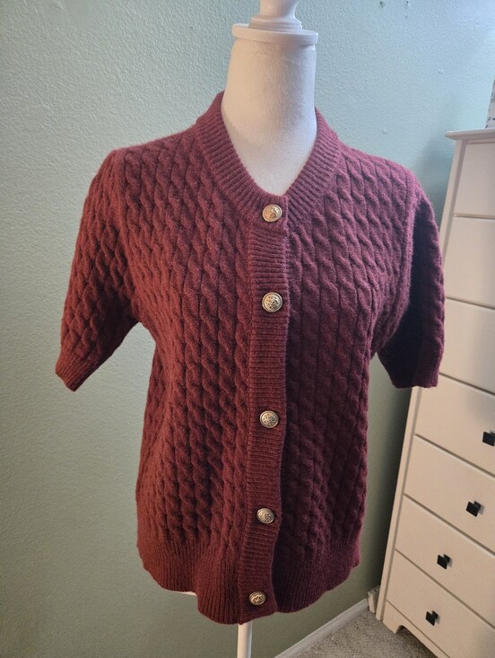 Sweaters - Women's Short Sleeved Maroon Cableknit Cardigan